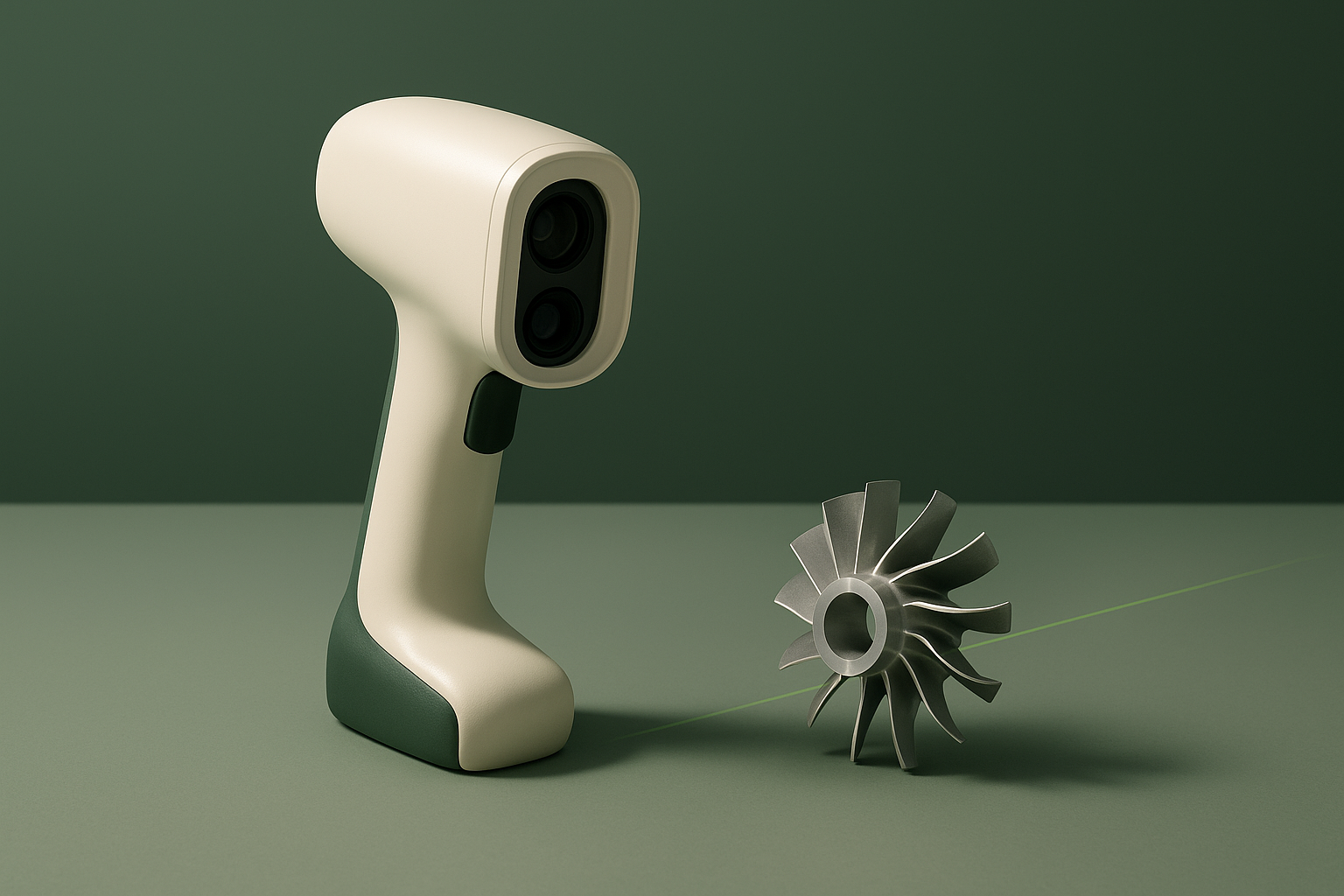 Conceptual CGI of an unbranded optical scanner beside a metal impeller