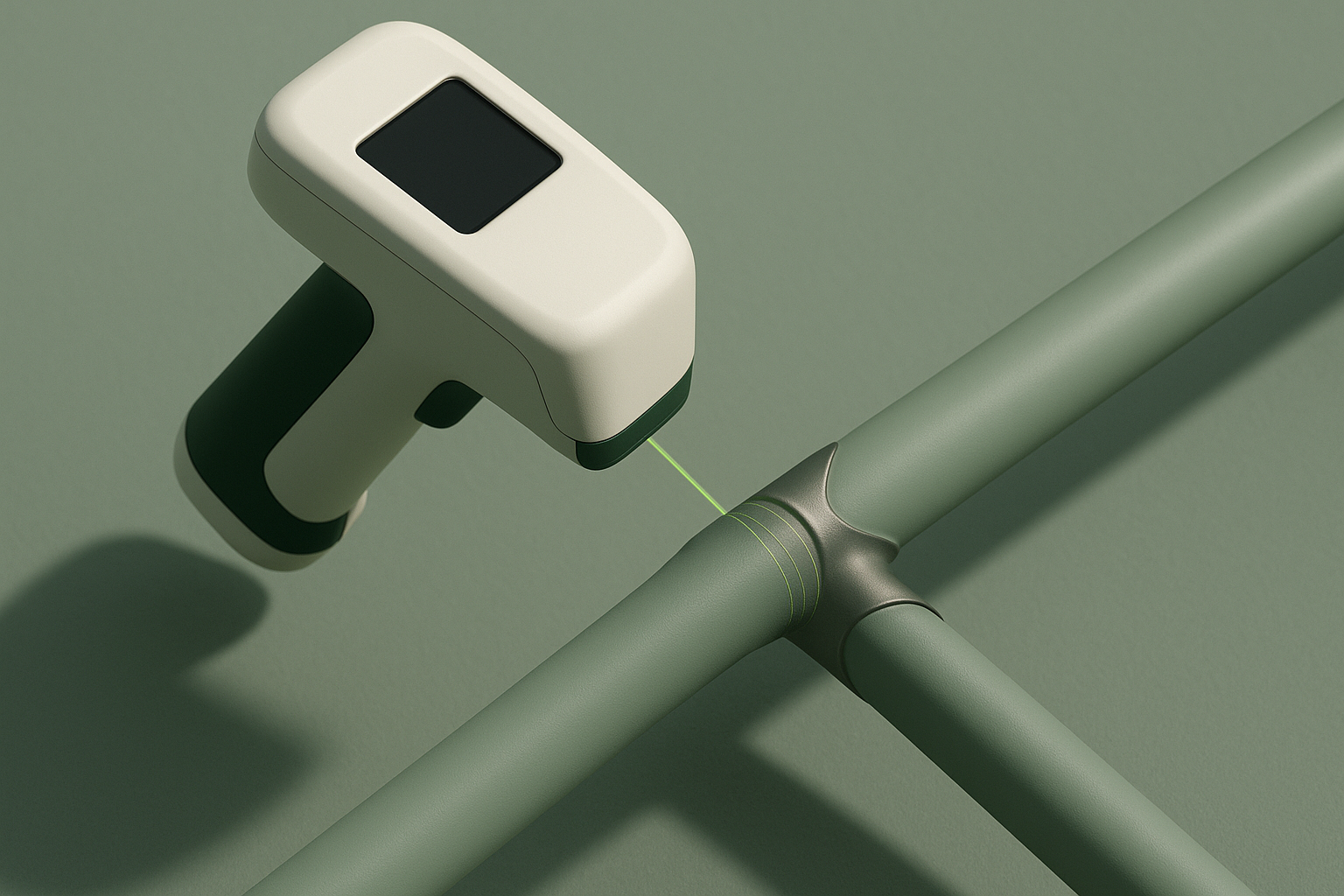 Conceptual CGI illustration of an unbranded wireless handheld 3D scanner beside a tubular bicycle frame joint