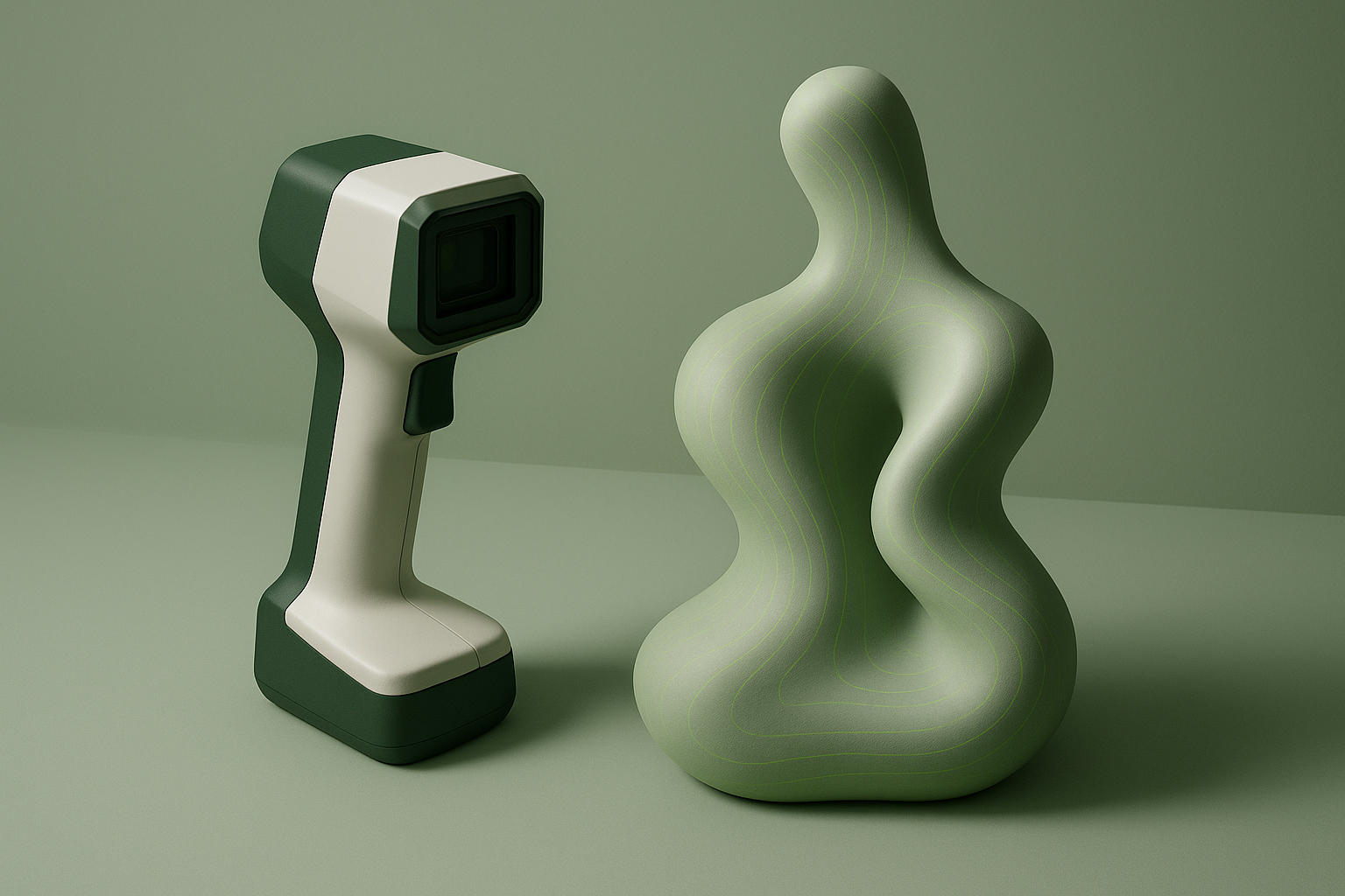 Conceptual CGI illustration of an unbranded hybrid handheld 3D scanner beside an abstract sculptural form