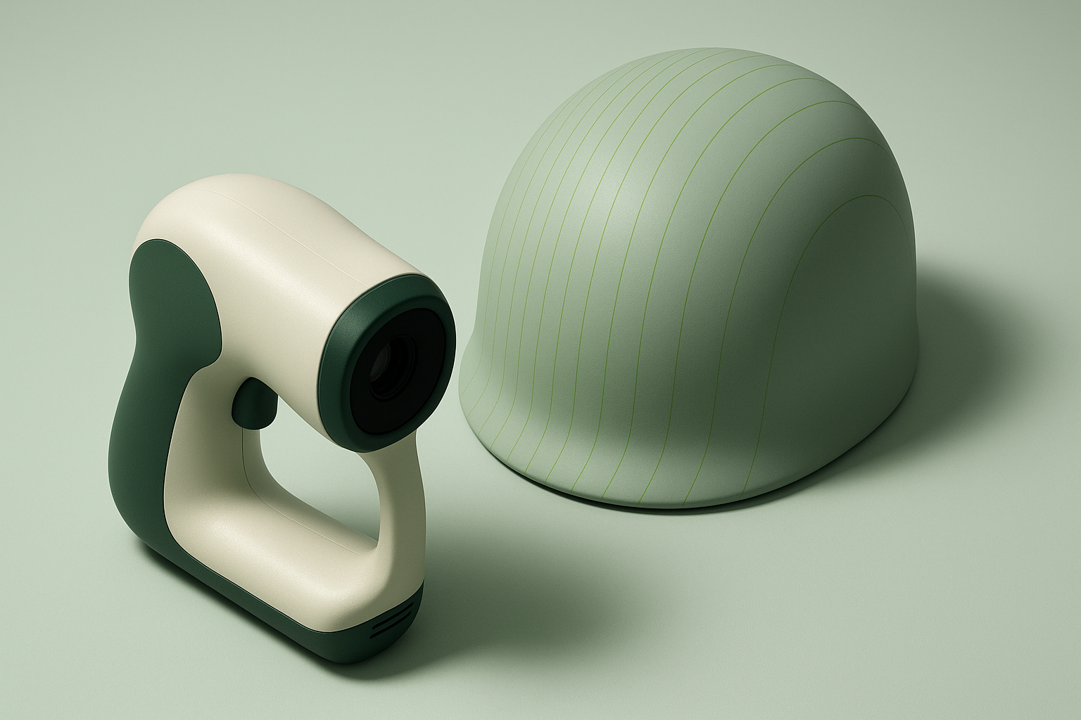 Conceptual CGI illustration of an unbranded all-in-one battery-powered handheld 3D scanner beside a smooth curved helmet-shaped shell