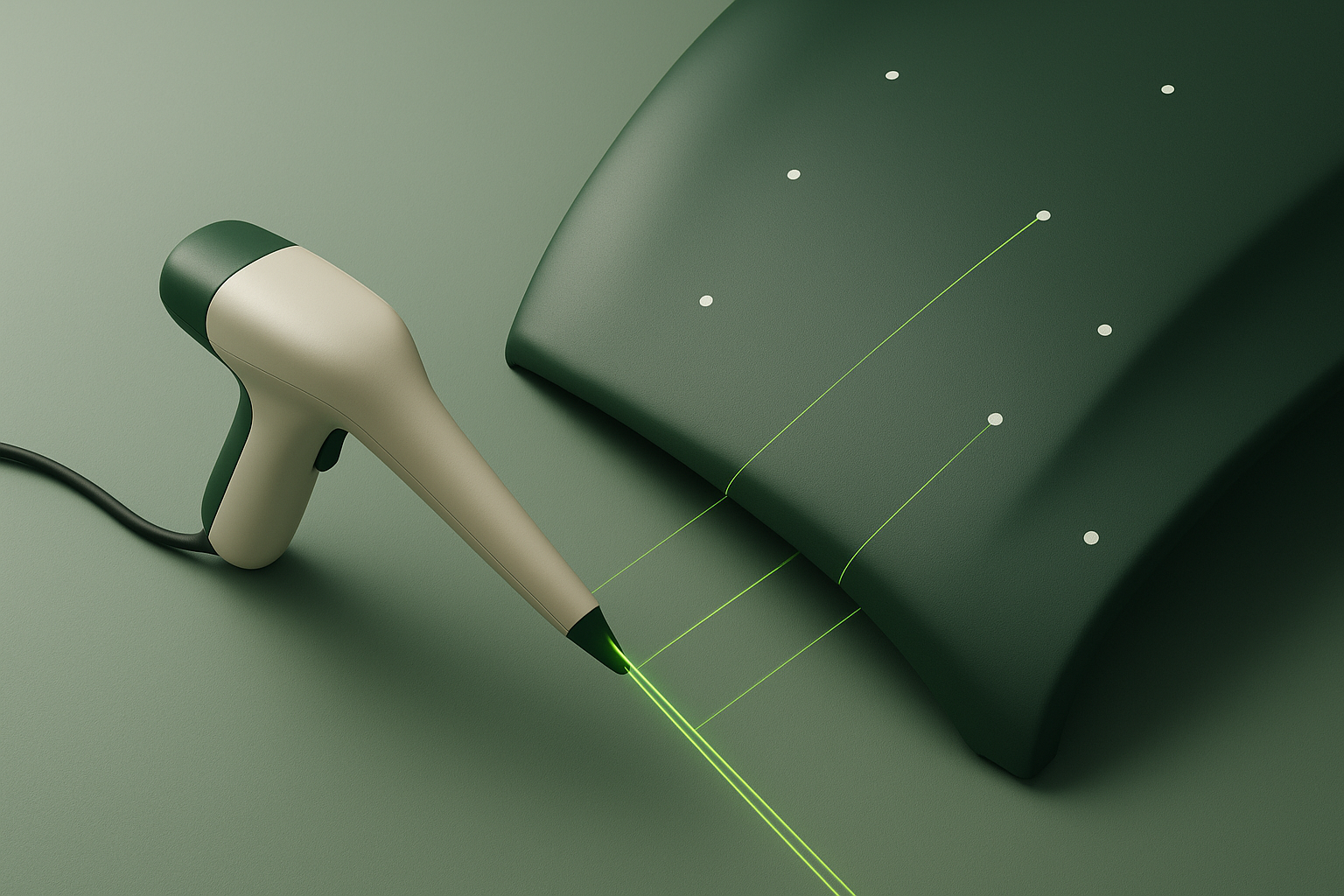 Conceptual CGI illustration of an unbranded tethered handheld laser scanner beside a curved automotive body panel dotted with positioning targets