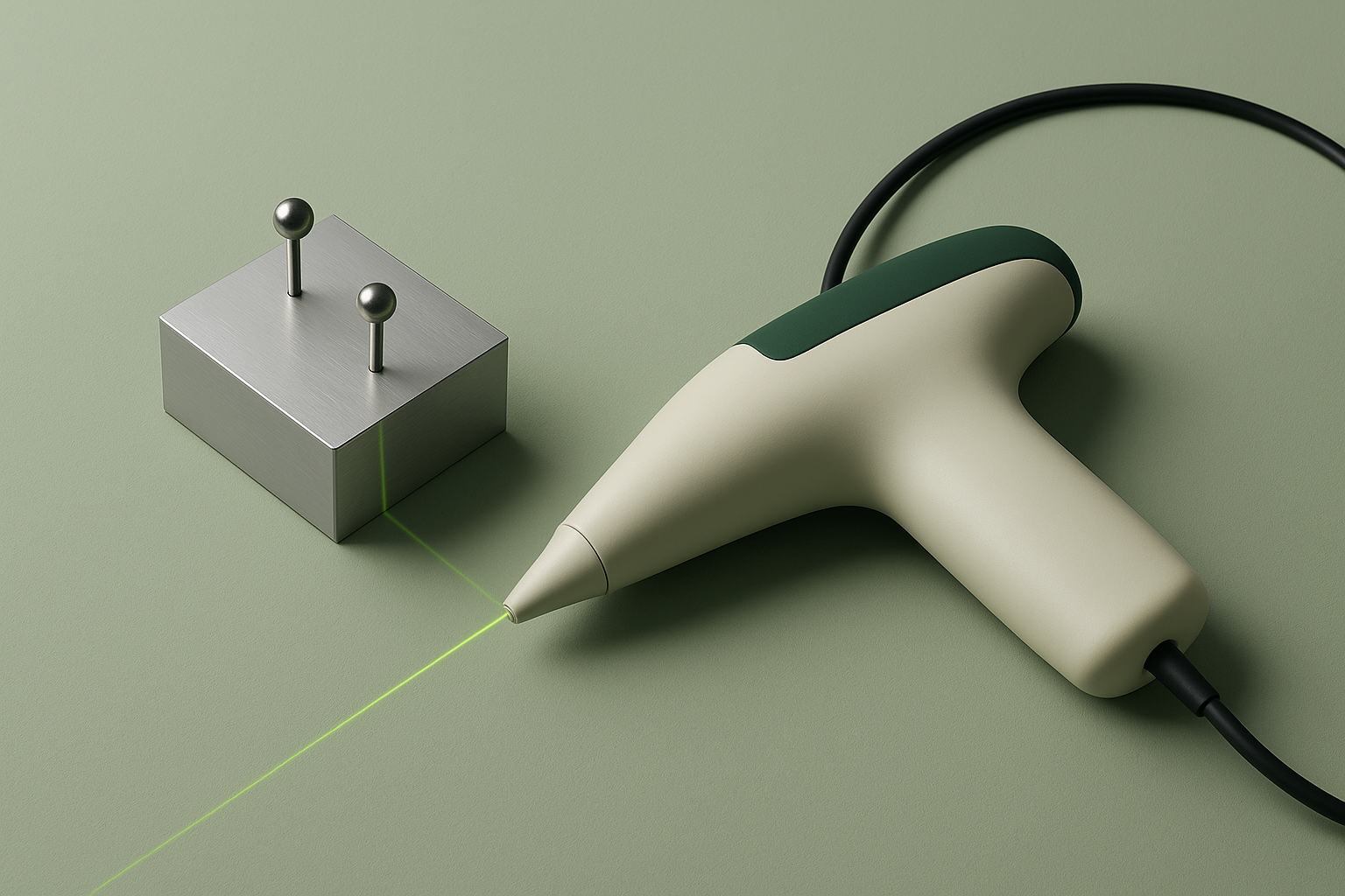 Conceptual CGI illustration of an unbranded tethered handheld laser scanner beside a machined aluminum reference block with calibration spheres