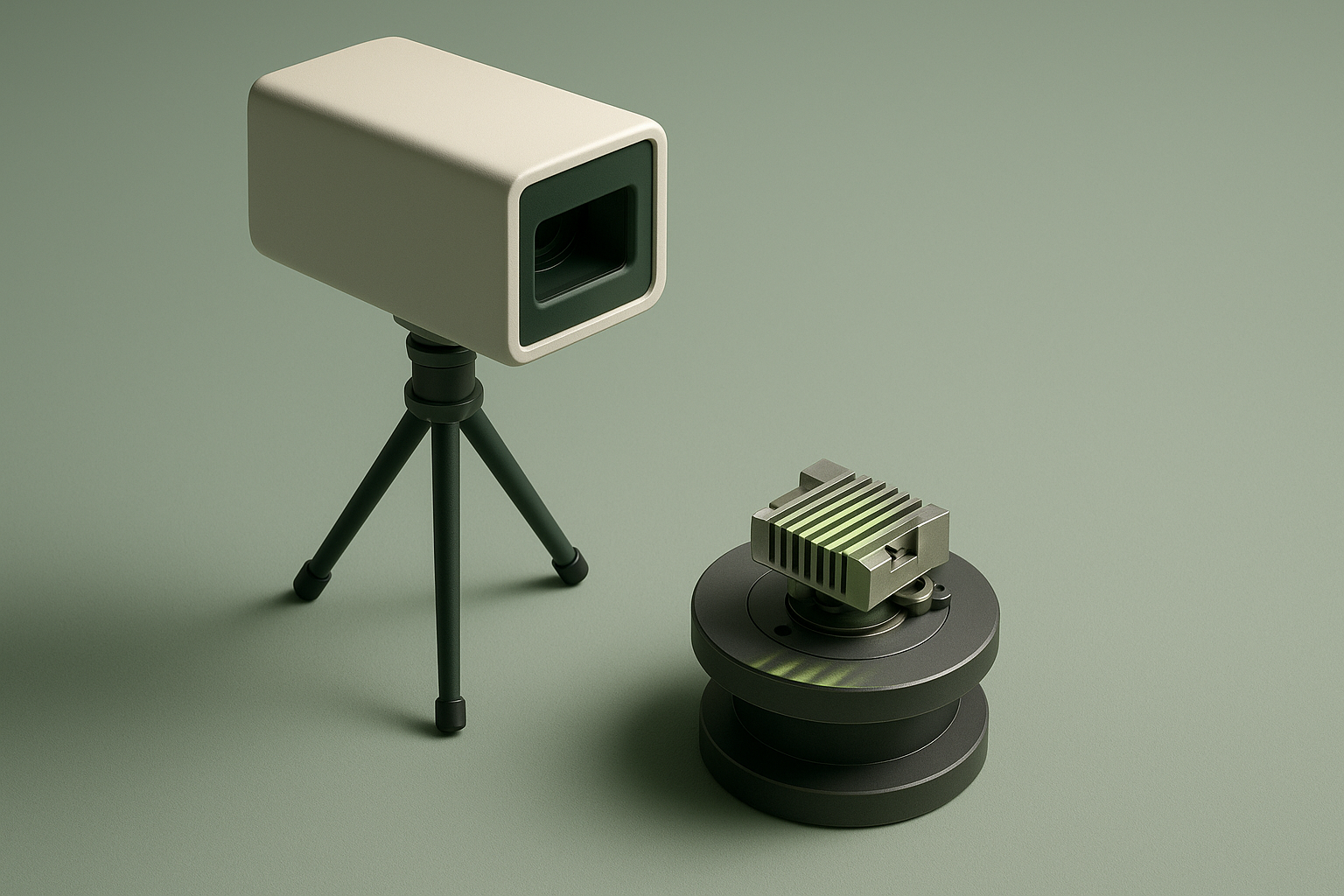 Conceptual CGI illustration of an unbranded tripod-mounted optical measuring projector aimed at a small metal component on a rotary stage